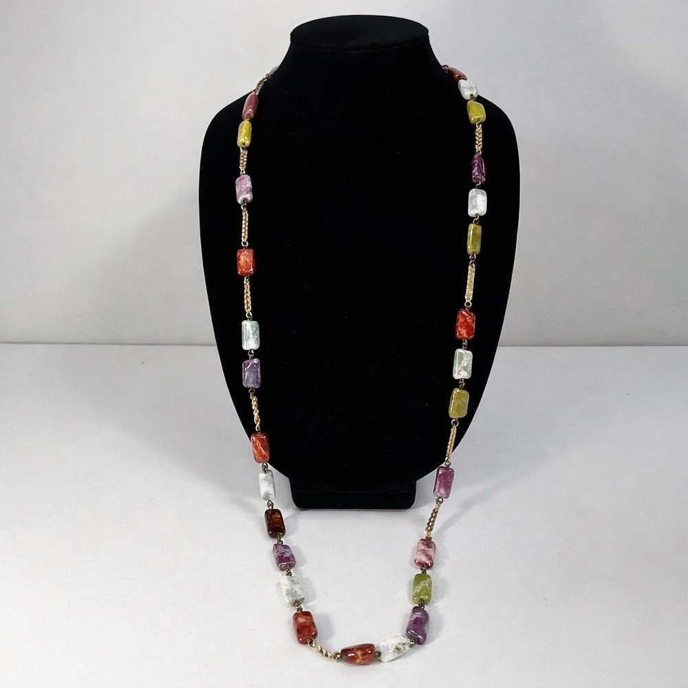 Long Multicolor Jasper Nugget Stone Necklace 42" Gold Tone Bohemian Boho Vintage